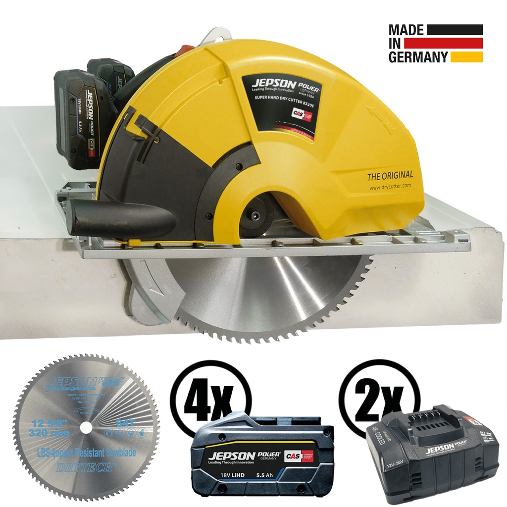 12 5/8" Super Hand Dry Cutter 8320E 36V mit Ø 12 5/8"/84Z Sägeblatt, 4 Akkus und 2 Ladegeräteb 115V