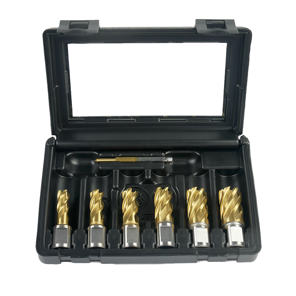 "GOLD FINGER" core drill set TiN-coated Ø 1/2", 9/16", 11/16", 3/4", 13/16", 15/16" + pilot pin (1" cutting depth)