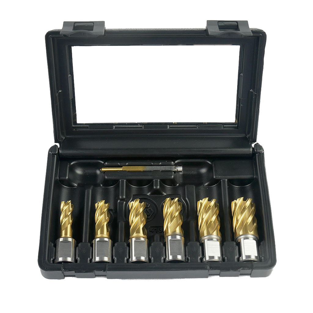 Juego de brocas huecas "GOLD FINGER" TiN-coated Ø 1/2", 9/16", 11/16", 3/4", 13/16", 15/16" + pasador piloto (profundidad de corte 1")