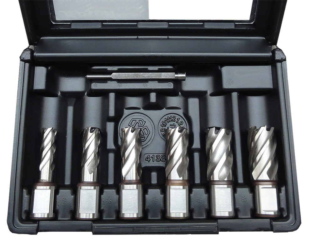 HSS-CO core drill set Ø 1/2", 9/16", 11/16", 3/4", 13/16", 15/16" + Pin (1" cutting depth)